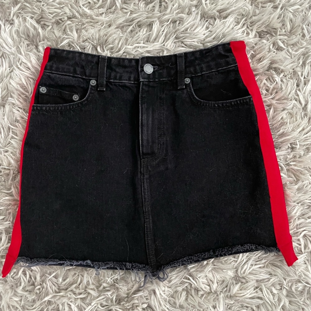 LF CARMAR Black Denim Mini Skirt w/ Red Stripe